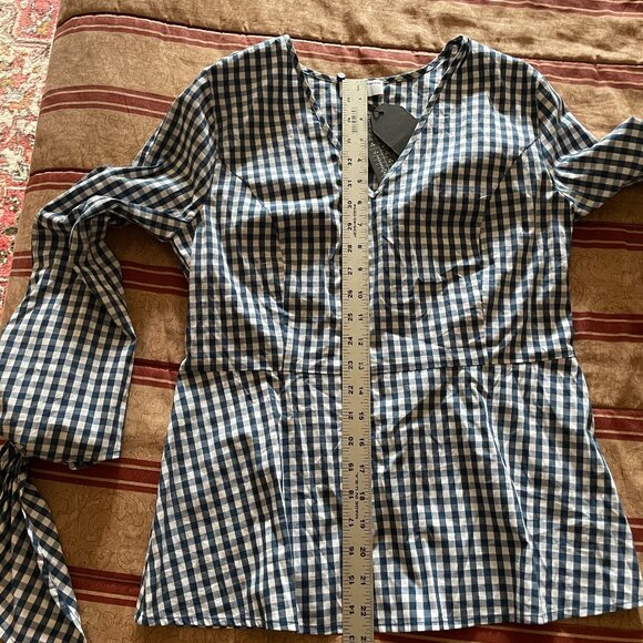 J. Crew Universal Standard Gingham Top Navy/White Tie Sleeve Size XS NWT - Picture 8 of 10